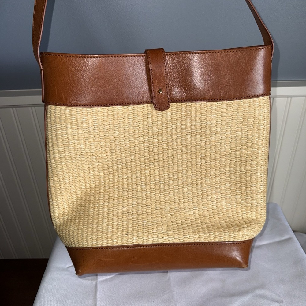 Jenni Kayne Tan Raffia Brown Leather Shoulder Bag Rattan Purse Bucket Bag Italy